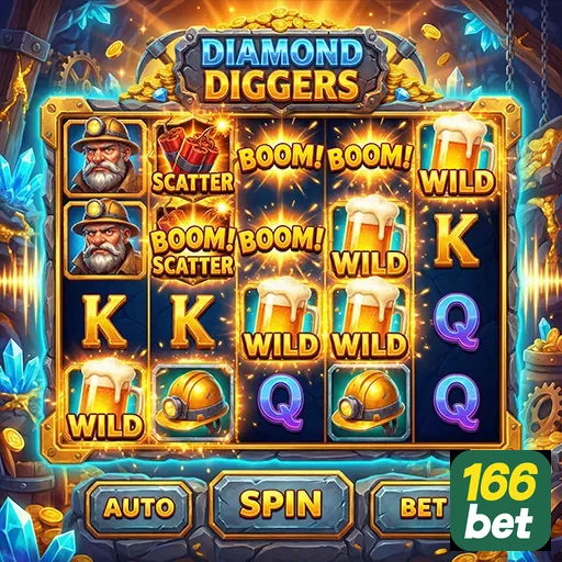 Painel do jogo Diamond Diggers na 166bet com símbolos variados.