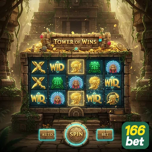 Interface do slot 'Tower of Wins' na 166bet com símbolos temáticos.