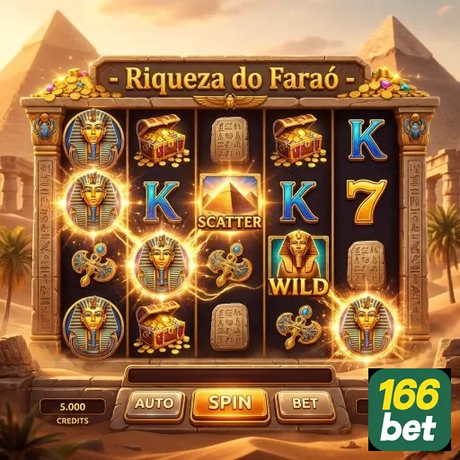 Tela do jogo 'Riqueza do Faraó' da 166bet com símbolos egípcios.