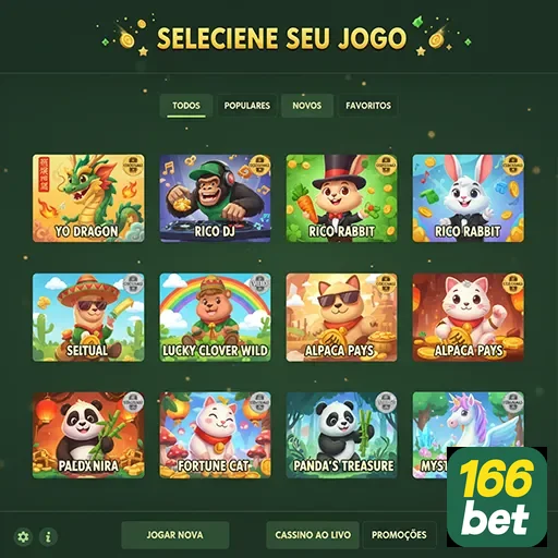 Interface de jogos da 166bet com seleção de opções diversas.