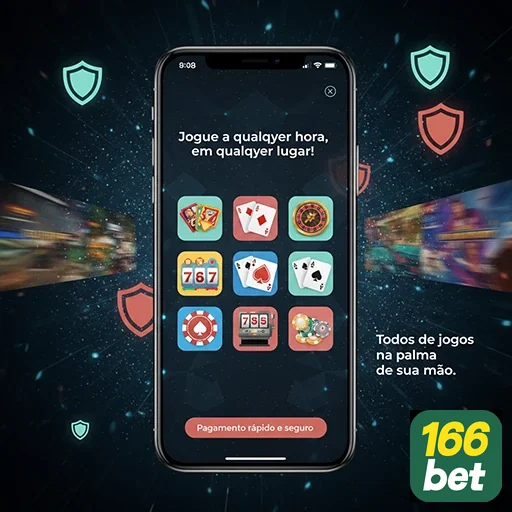 Interface da 166bet no celular com opções de jogos e saques.