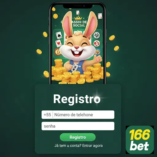 Tela de registro do app móvel do 166bet com coelho animado.