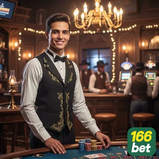 Croupier da 166bet sorrindo em ambiente de apostas.