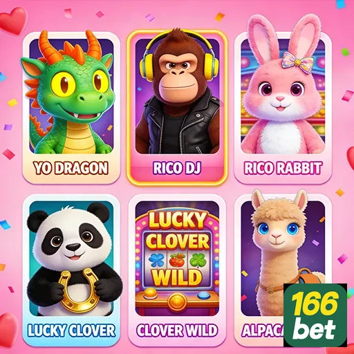Interface de jogos animados da 166bet em dispositivo móvel.
